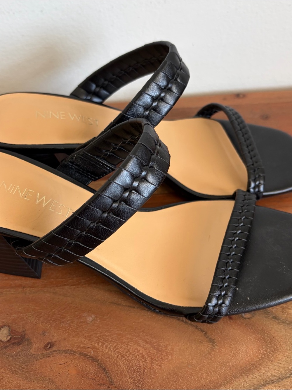 Nine West Black Braided Block Heels Square Toe Mules 6M